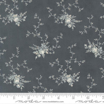 Image of Breathtaking Blues Rose Garden Dusk quilting cotton fabric by 3 Sisters for Moda Fabrics. Features flowers on a dark gray background. Cute Little Fabric Shop.