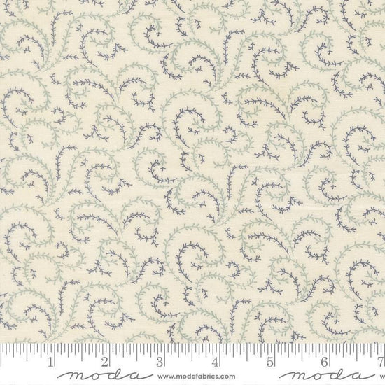 Image of Breathtaking Blues Vine Porcelain quilting cotton fabric by 3 Sisters for Moda Fabrics. Features leaves on a cream background. Cute Little Fabric Shop.