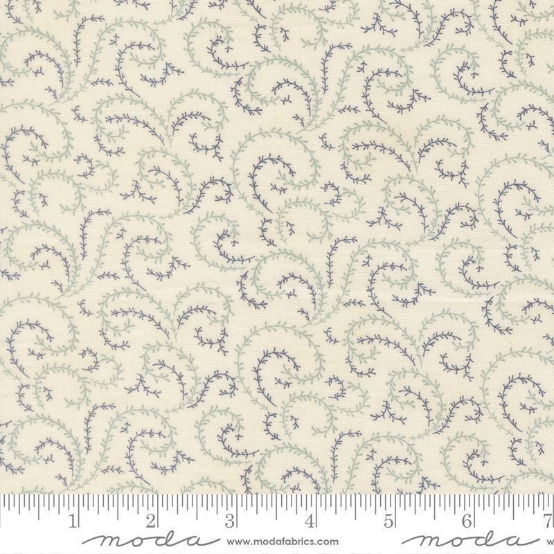 Image of Breathtaking Blues Vine Porcelain quilting cotton fabric by 3 Sisters for Moda Fabrics. Features leaves on a cream background. Cute Little Fabric Shop.