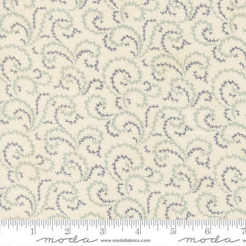 Image of Breathtaking Blues Vine Porcelain quilting cotton fabric by 3 Sisters for Moda Fabrics. Features leaves on a cream background. Cute Little Fabric Shop.