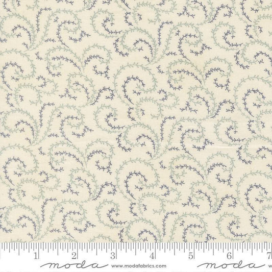 Image of Breathtaking Blues Vine Porcelain quilting cotton fabric by 3 Sisters for Moda Fabrics. Features leaves on a cream background. Cute Little Fabric Shop.