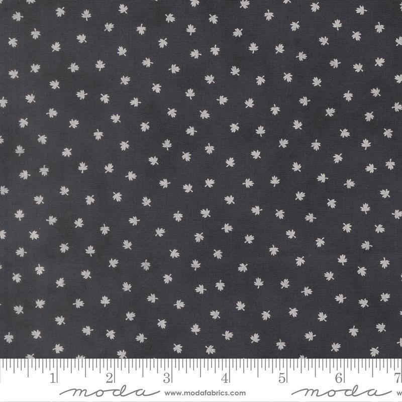 Image of Breathtaking Blues Tiny Leaf Midnight quilting cotton fabric by 3 Sisters for Moda Fabrics. Features leaves on a black background. Cute Little Fabric Shop.
