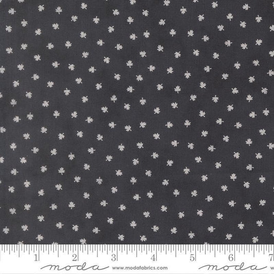 Image of Breathtaking Blues Tiny Leaf Midnight quilting cotton fabric by 3 Sisters for Moda Fabrics. Features leaves on a black background. Cute Little Fabric Shop.