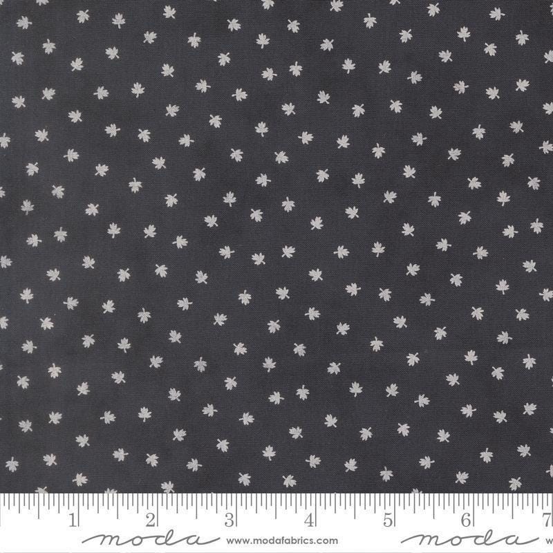 Image of Breathtaking Blues Tiny Leaf Midnight quilting cotton fabric by 3 Sisters for Moda Fabrics. Features leaves on a black background. Cute Little Fabric Shop.