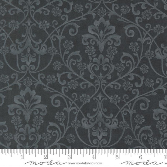 Image of Breathtaking Blues Damask Midnight quilting cotton fabric by 3 Sisters for Moda Fabrics. Features flowers on a black background. Cute Little Fabric Shop.