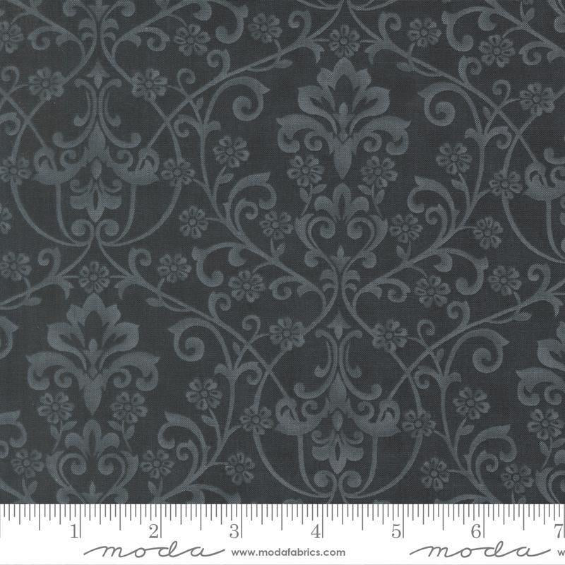 Image of Breathtaking Blues Damask Midnight quilting cotton fabric by 3 Sisters for Moda Fabrics. Features flowers on a black background. Cute Little Fabric Shop.