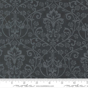 Image of Breathtaking Blues Damask Midnight quilting cotton fabric by 3 Sisters for Moda Fabrics. Features flowers on a black background. Cute Little Fabric Shop.