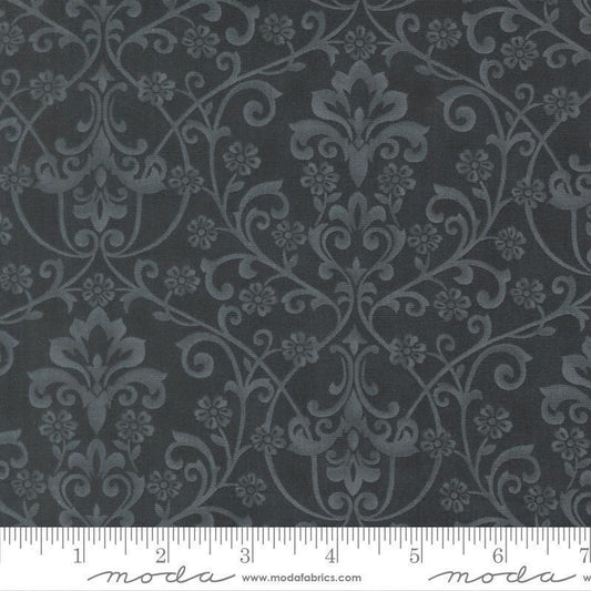 Image of Breathtaking Blues Damask Midnight quilting cotton fabric by 3 Sisters for Moda Fabrics. Features flowers on a black background. Cute Little Fabric Shop.