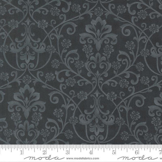 Image of Breathtaking Blues Damask Midnight quilting cotton fabric by 3 Sisters for Moda Fabrics. Features flowers on a black background. Cute Little Fabric Shop.