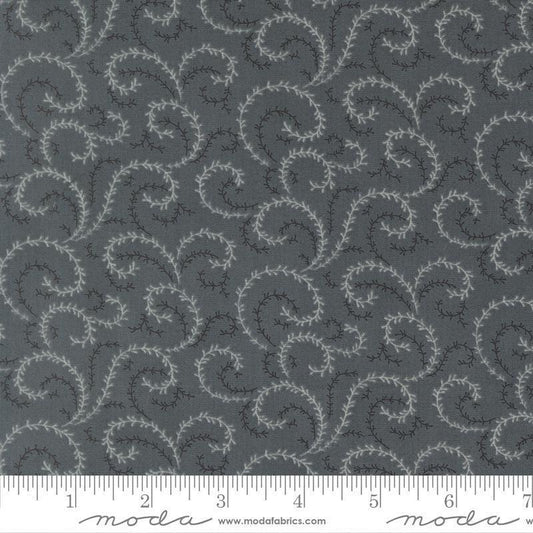 Image of Breathtaking Blues Vine Dusk quilting cotton fabric by 3 Sisters for Moda Fabrics. Features leaves on a dark gray background. Cute Little Fabric Shop.
