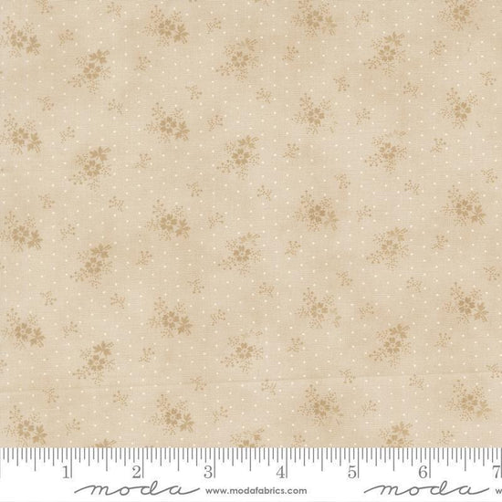 Image of Breathtaking Blues Little Flower Ecru quilting cotton fabric by 3 Sisters for Moda Fabrics. Features flowers on a beige background. Cute Little Fabric Shop.