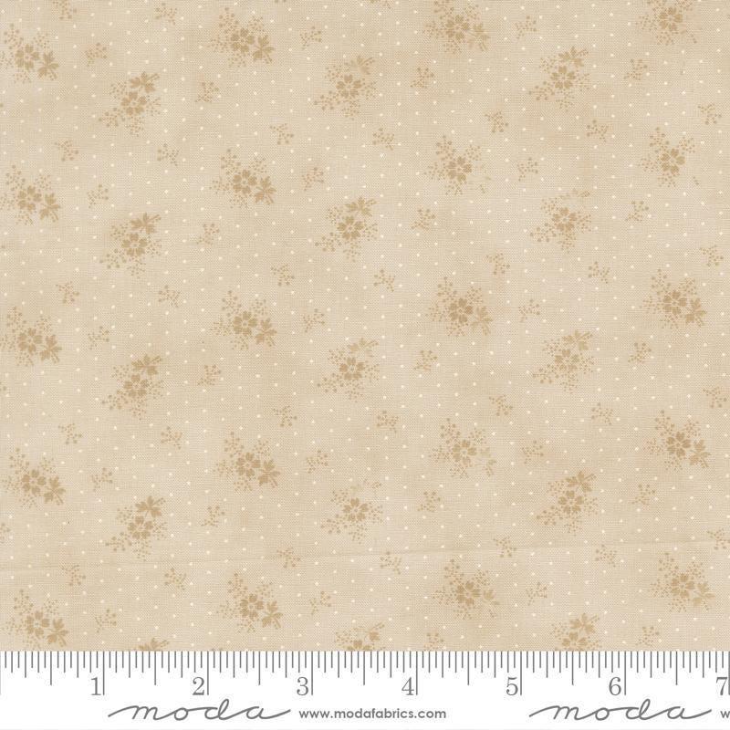 Image of Breathtaking Blues Little Flower Ecru quilting cotton fabric by 3 Sisters for Moda Fabrics. Features flowers on a beige background. Cute Little Fabric Shop.