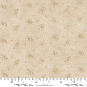 Image of Breathtaking Blues Little Flower Ecru quilting cotton fabric by 3 Sisters for Moda Fabrics. Features flowers on a beige background. Cute Little Fabric Shop.