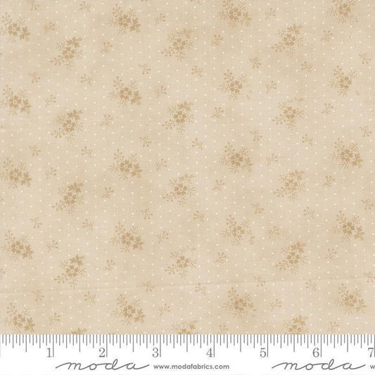 Image of Breathtaking Blues Little Flower Ecru quilting cotton fabric by 3 Sisters for Moda Fabrics. Features flowers on a beige background. Cute Little Fabric Shop.