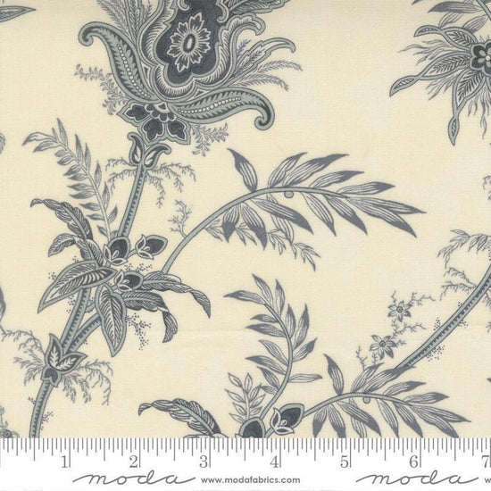 Image of Breathtaking Blues Plume Porcelain quilting cotton fabric by 3 Sisters for Moda Fabrics. Features flowers on a cream background. Cute Little Fabric Shop.