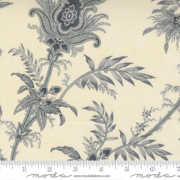 Image of Breathtaking Blues Plume Porcelain quilting cotton fabric by 3 Sisters for Moda Fabrics. Features flowers on a cream background. Cute Little Fabric Shop.