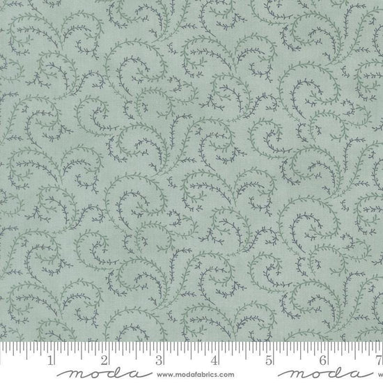 Image of Breathtaking Blues Vine Sky quilting cotton fabric by 3 Sisters for Moda Fabrics. Features leaves on a blue background. Cute Little Fabric Shop.