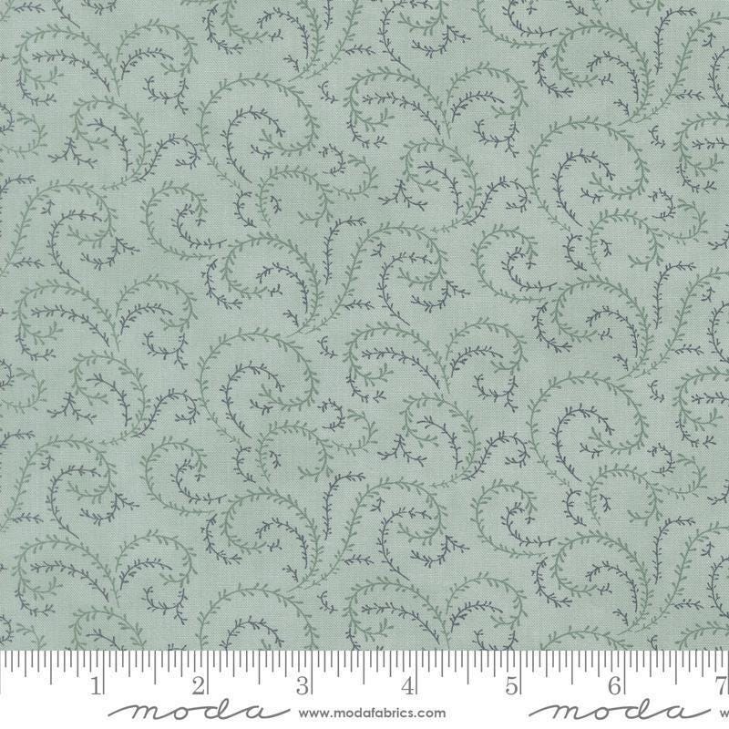 Image of Breathtaking Blues Vine Sky quilting cotton fabric by 3 Sisters for Moda Fabrics. Features leaves on a blue background. Cute Little Fabric Shop.