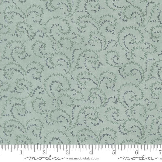 Image of Breathtaking Blues Vine Sky quilting cotton fabric by 3 Sisters for Moda Fabrics. Features leaves on a blue background. Cute Little Fabric Shop.