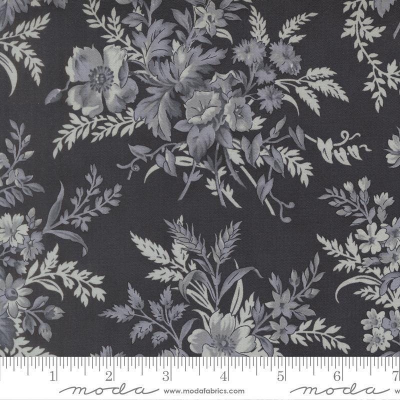Image of Breathtaking Blues Bouquets Midnight quilting cotton fabric by 3 Sisters for Moda Fabrics. Features flowers on a black background. Cute Little Fabric Shop.