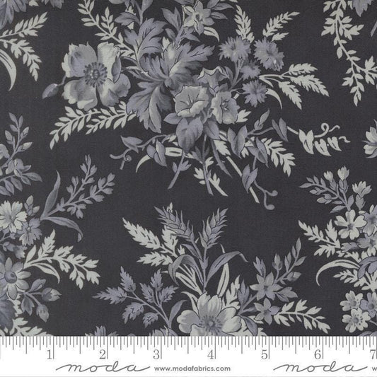 Image of Breathtaking Blues Bouquets Midnight quilting cotton fabric by 3 Sisters for Moda Fabrics. Features flowers on a black background. Cute Little Fabric Shop.