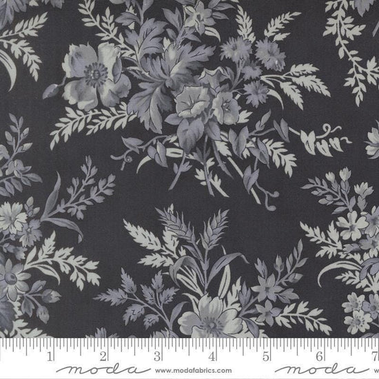 Image of Breathtaking Blues Bouquets Midnight quilting cotton fabric by 3 Sisters for Moda Fabrics. Features flowers on a black background. Cute Little Fabric Shop.