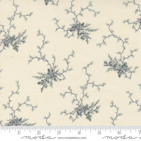Image of Breathtaking Blues Rose Garden Porcelain quilting cotton fabric by 3 Sisters for Moda Fabrics. Features flowers on a cream background. Cute Little Fabric Shop.