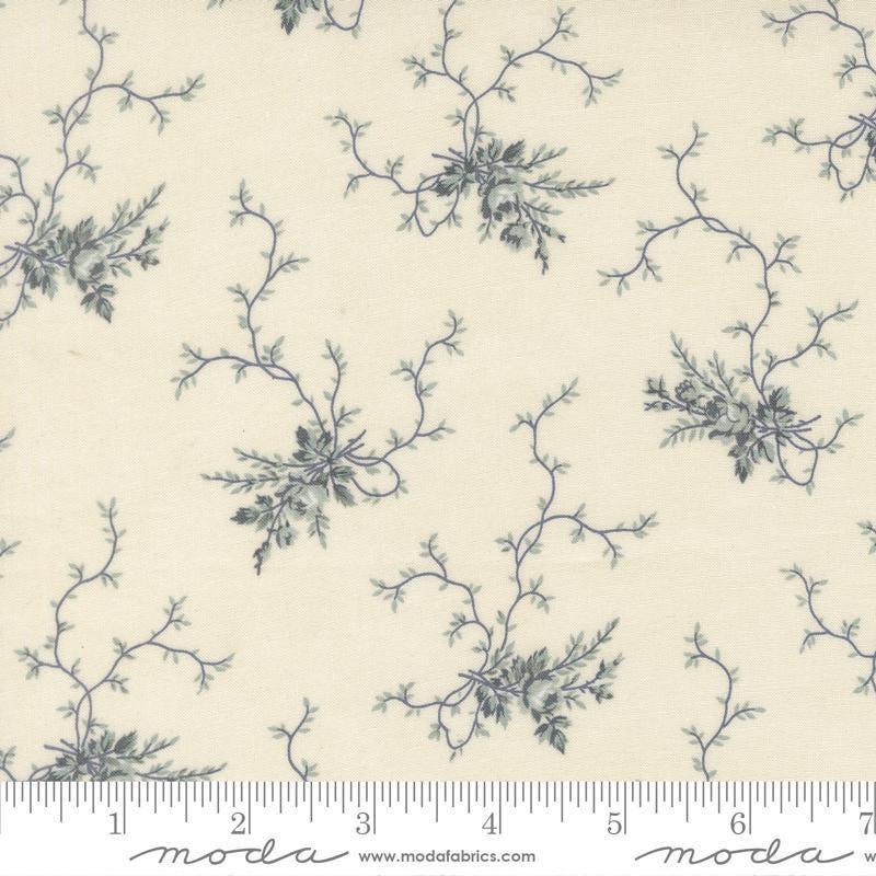 Image of Breathtaking Blues Rose Garden Porcelain quilting cotton fabric by 3 Sisters for Moda Fabrics. Features flowers on a cream background. Cute Little Fabric Shop.