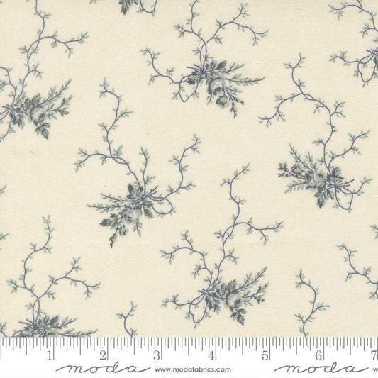 Image of Breathtaking Blues Rose Garden Porcelain quilting cotton fabric by 3 Sisters for Moda Fabrics. Features flowers on a cream background. Cute Little Fabric Shop.