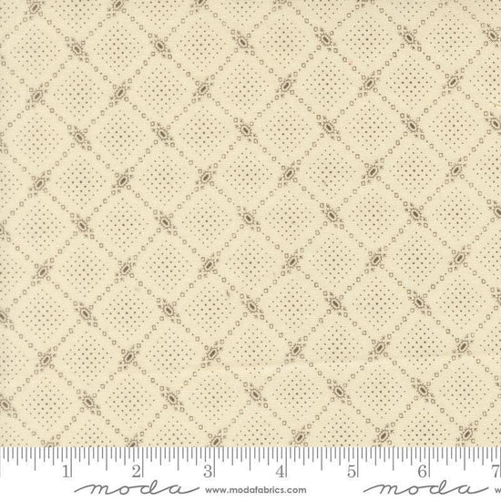 Image of Butternut and Sage Autumn Trellis Cream Earth quilting cotton fabric by Fig Tree Co for Moda Fabrics. Features a geometric pattern on a cream background. Cute Little Fabric Shop.