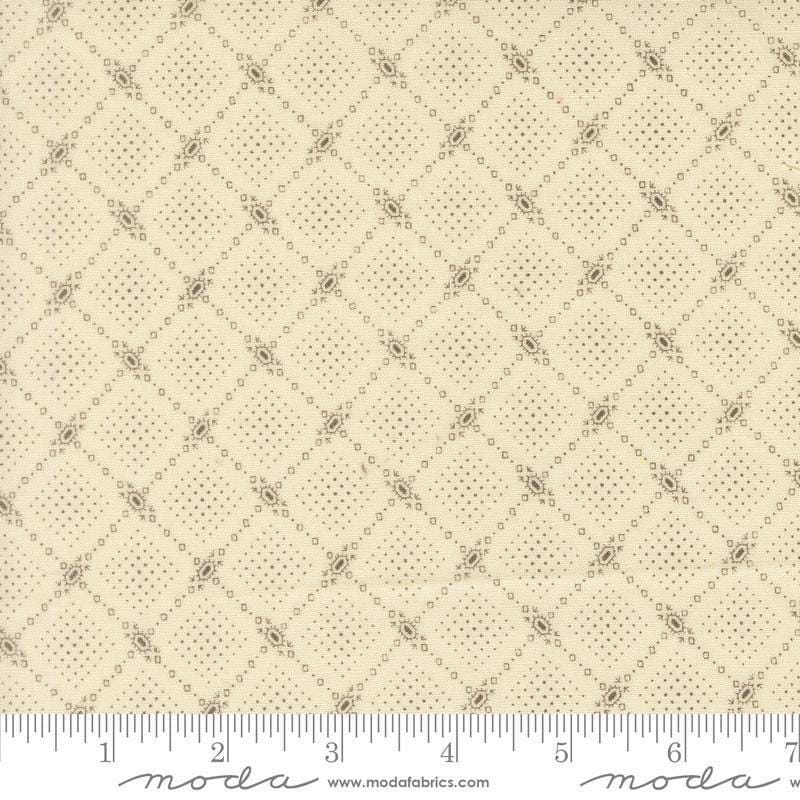 Image of Butternut and Sage Autumn Trellis Cream Earth quilting cotton fabric by Fig Tree Co for Moda Fabrics. Features a geometric pattern on a cream background. Cute Little Fabric Shop.