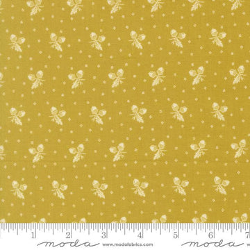 Image of Butternut and Sage Acorn Medley Citron quilting cotton fabric by Fig Tree Co for Moda Fabrics. Features acorns and dots on a green background. Cute Little Fabric Shop.