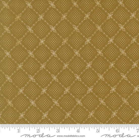 Image of Butternut and Sage Autumn Trellis Olive quilting cotton fabric by Fig Tree Co for Moda Fabrics. Features a geometric pattern on a green background. Cute Little Fabric Shop.