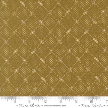 Image of Butternut and Sage Autumn Trellis Olive quilting cotton fabric by Fig Tree Co for Moda Fabrics. Features a geometric pattern on a green background. Cute Little Fabric Shop.
