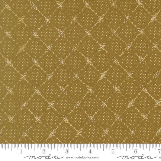 Image of Butternut and Sage Autumn Trellis Olive quilting cotton fabric by Fig Tree Co for Moda Fabrics. Features a geometric pattern on a green background. Cute Little Fabric Shop.