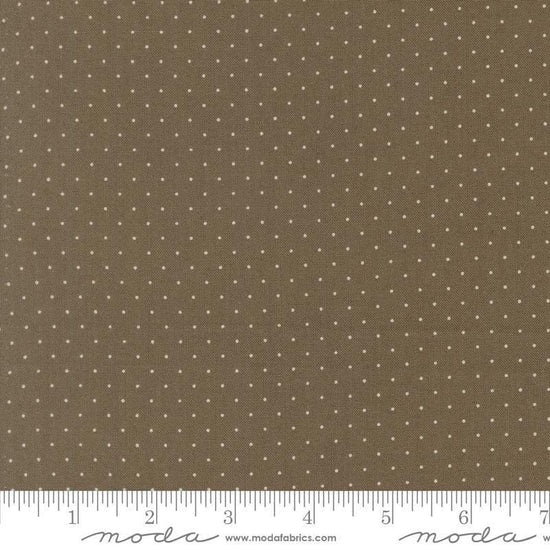 Image of Butternut and Sage Pindot Earth quilting cotton fabric by Fig Tree Co for Moda Fabrics. Features polka dots on a gray brown background. Cute Little Fabric Shop.