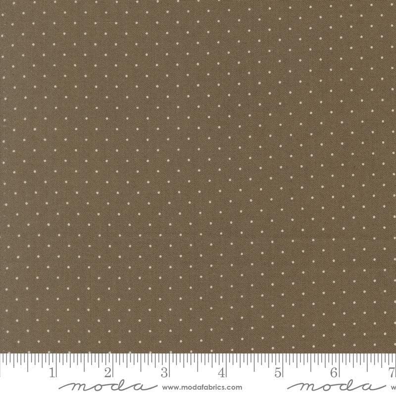 Image of Butternut and Sage Pindot Earth quilting cotton fabric by Fig Tree Co for Moda Fabrics. Features polka dots on a gray brown background. Cute Little Fabric Shop.
