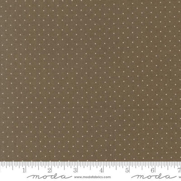 Image of Butternut and Sage Pindot Earth quilting cotton fabric by Fig Tree Co for Moda Fabrics. Features polka dots on a gray brown background. Cute Little Fabric Shop.