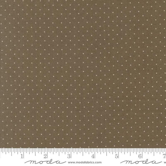 Image of Butternut and Sage Pindot Earth quilting cotton fabric by Fig Tree Co for Moda Fabrics. Features polka dots on a gray brown background. Cute Little Fabric Shop.