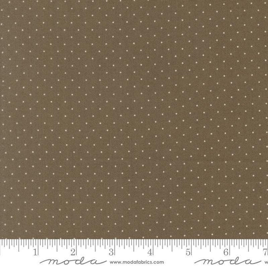 Image of Butternut and Sage Pindot Earth quilting cotton fabric by Fig Tree Co for Moda Fabrics. Features polka dots on a gray brown background. Cute Little Fabric Shop.