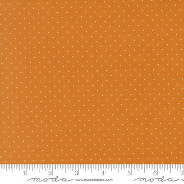 Image of Butternut and Sage Pindot Butterscotch quilting cotton fabric by Fig Tree Co for Moda Fabrics. Features polka dots on an orange background. Cute Little Fabric Shop.