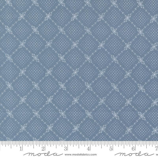 Image of Butternut and Sage Autumn Trellis Dusk quilting cotton fabric by Fig Tree Co for Moda Fabrics. Features a geometric pattern on a blue background. Cute Little Fabric Shop.