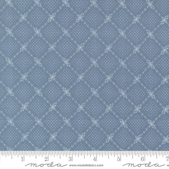 Image of Butternut and Sage Autumn Trellis Dusk quilting cotton fabric by Fig Tree Co for Moda Fabrics. Features a geometric pattern on a blue background. Cute Little Fabric Shop.