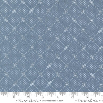 Image of Butternut and Sage Autumn Trellis Dusk quilting cotton fabric by Fig Tree Co for Moda Fabrics. Features a geometric pattern on a blue background. Cute Little Fabric Shop.
