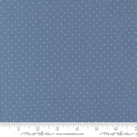 Image of Butternut and Sage Pindot Dusk quilting cotton fabric by Fig Tree Co for Moda Fabrics. Features polka dots on a blue background. Cute Little Fabric Shop.