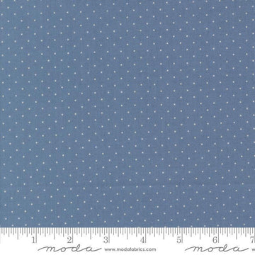 Image of Butternut and Sage Pindot Dusk quilting cotton fabric by Fig Tree Co for Moda Fabrics. Features polka dots on a blue background. Cute Little Fabric Shop.