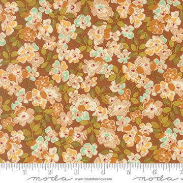 Image of Butternut and Sage Fields of Flowers Cinnamon quilting cotton fabric by Fig Tree Co for Moda Fabrics. Features flowers on a brown background. Cute Little Fabric Shop.