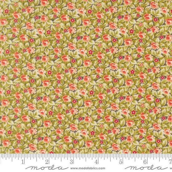 Image of Butternut and Sage Mums and Posies Sage quilting cotton fabric by Fig Tree Co for Moda Fabrics. Features flowers on a green background. Cute Little Fabric Shop.