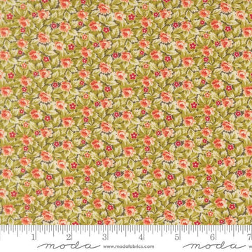 Image of Butternut and Sage Mums and Posies Sage quilting cotton fabric by Fig Tree Co for Moda Fabrics. Features flowers on a green background. Cute Little Fabric Shop.