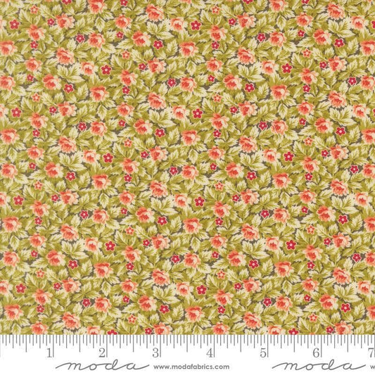 Image of Butternut and Sage Mums and Posies Sage quilting cotton fabric by Fig Tree Co for Moda Fabrics. Features flowers on a green background. Cute Little Fabric Shop.